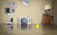 flooded lounge room with old-style TV, furniture & floating rubber duck in foreground